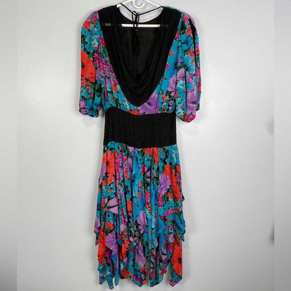 Vtg 70s 80s Designer Diane Freis Silk Beaded Floral Signature Dress Sz Large L - Picture 6 of 13